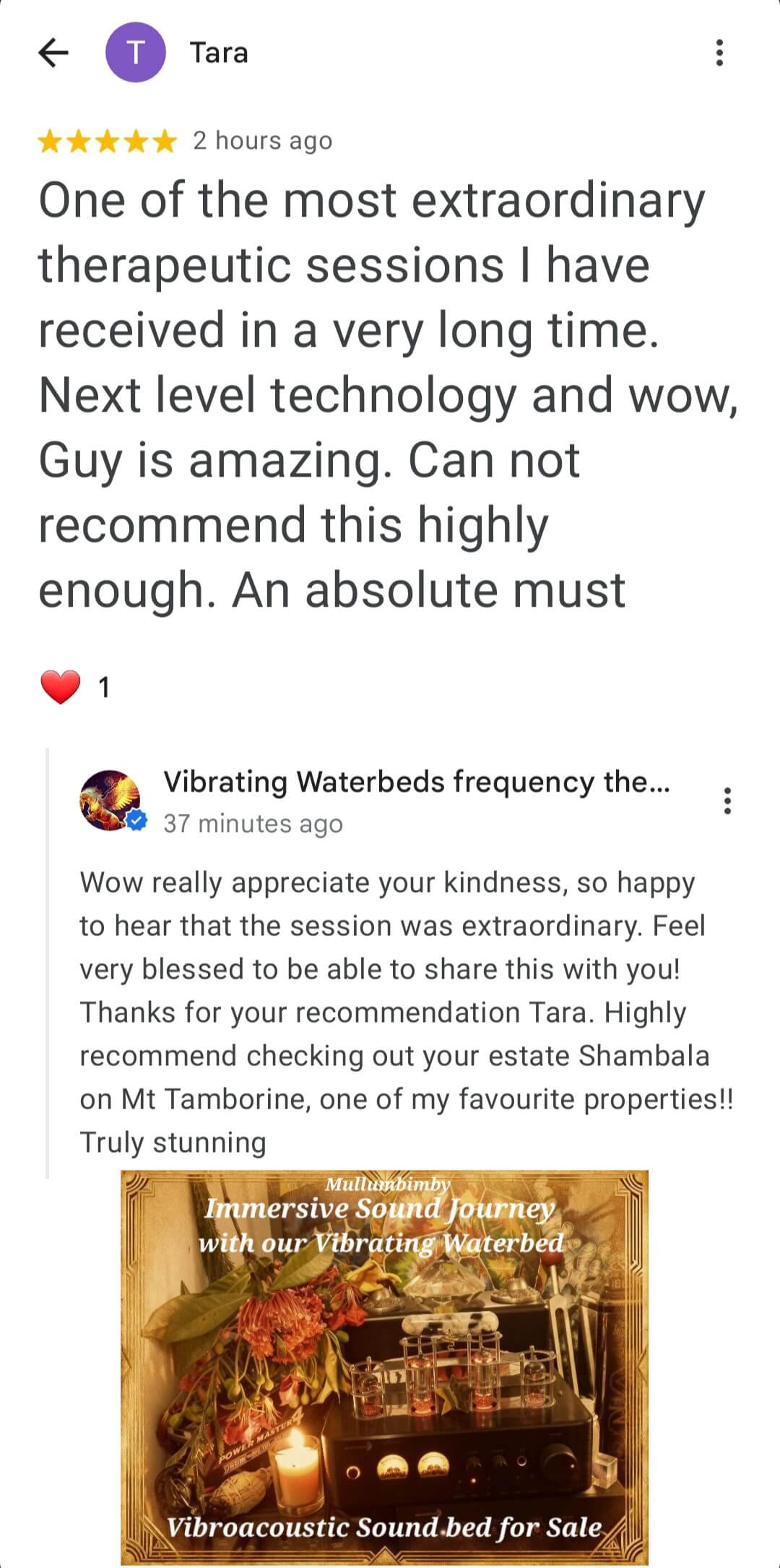 Vibrating waterbed feedback review Vibroacoustic Waterbed Sound immersion Mullumbimby