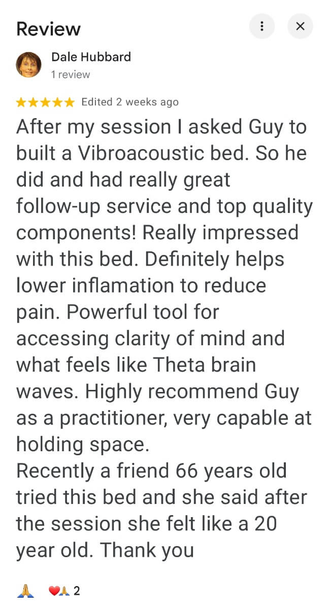 Customer review describing the healing benefits and high‑quality construction of a vibroacoustic water bed built by an Australian practitioner Guy Sohm