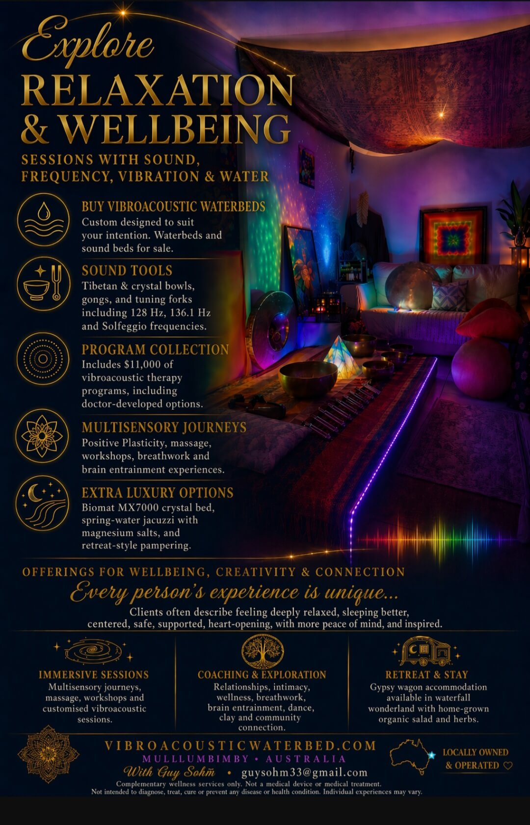 Guy Sohm Vibroacoustic Wizard frequency sessions enquiry for a vibroacoustic waterbed experience with sound bowls, coloured lights, wellness offerings, and relaxation-focused services in Mullumbimby, Australia.