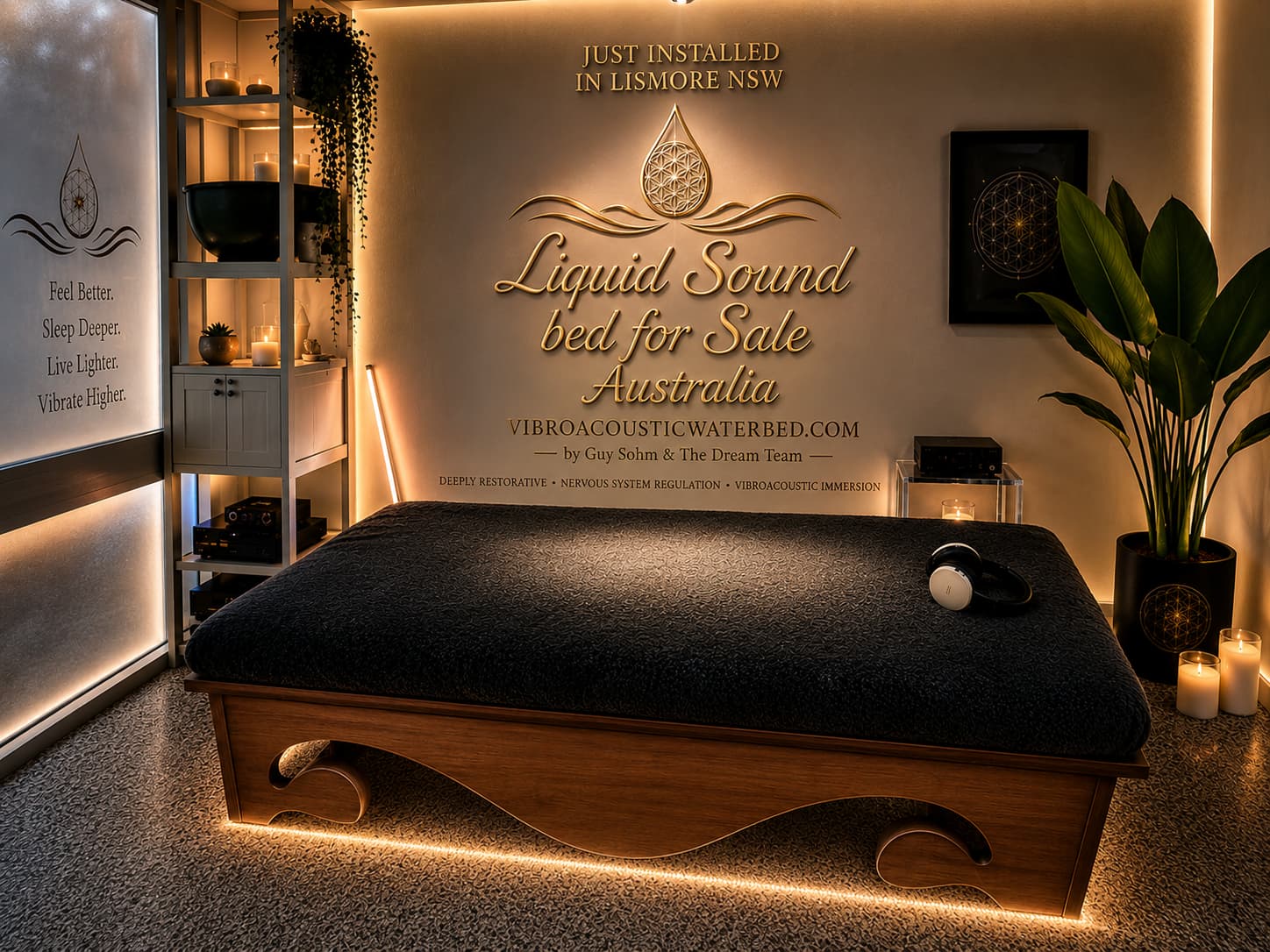 Luxury liquid sound frequency bed for sale in Australia featuring vibroacoustic sound vibration technology for deep relaxation, meditation, nervous system support, and wellness experiences. Byron Bay area NSW
