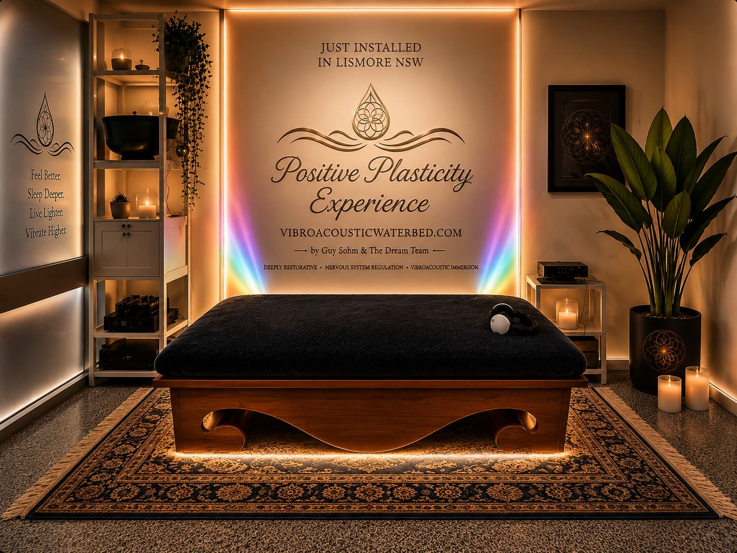 Positive Plasticity Experience with VAT sound bed featuring luxury vibroacoustic therapy, rainbow ambient lighting, nervous system regulation and deep relaxation near Byron Bay NSW.