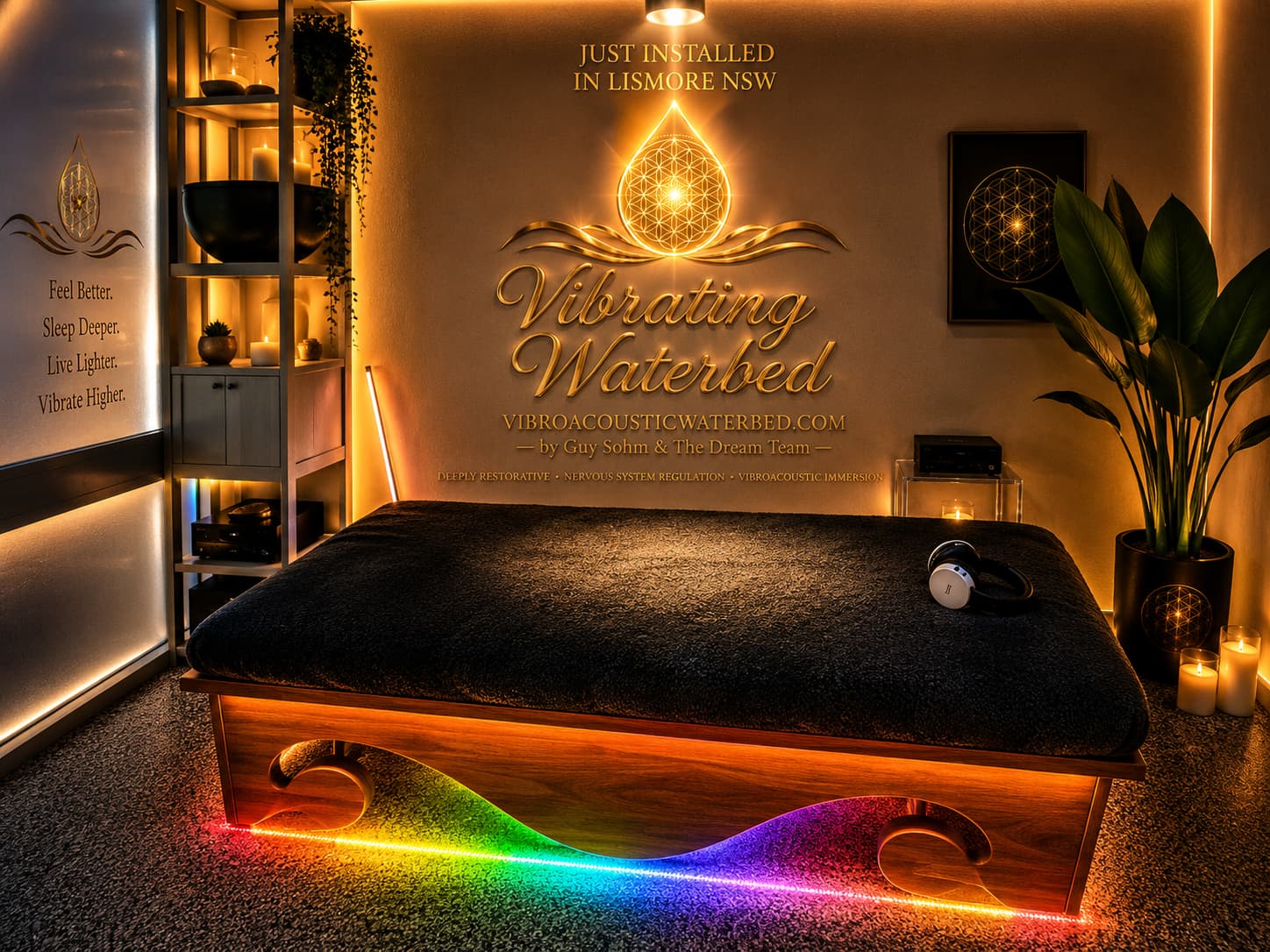 Luxury vibrating water bed sound frequency device in Australia designed for vibroacoustic therapy, deep relaxation, nervous system regulation, meditation, and wellness experiences.
