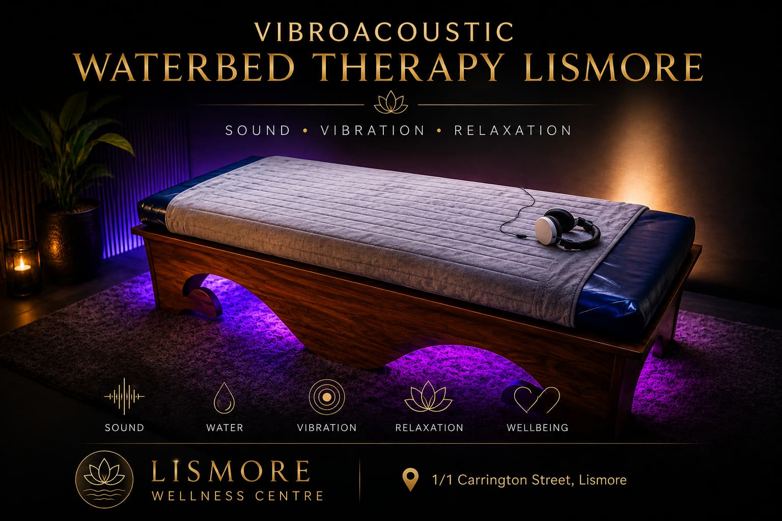 Luxury vibroacoustic waterbed therapy session at Lismore Wellness Centre featuring frequency sound vibration relaxation technology, ambient lighting, and handcrafted timber waterbed near Byron Bay, Ballina, Nimbin, Bangalow, and the Northern Rivers.