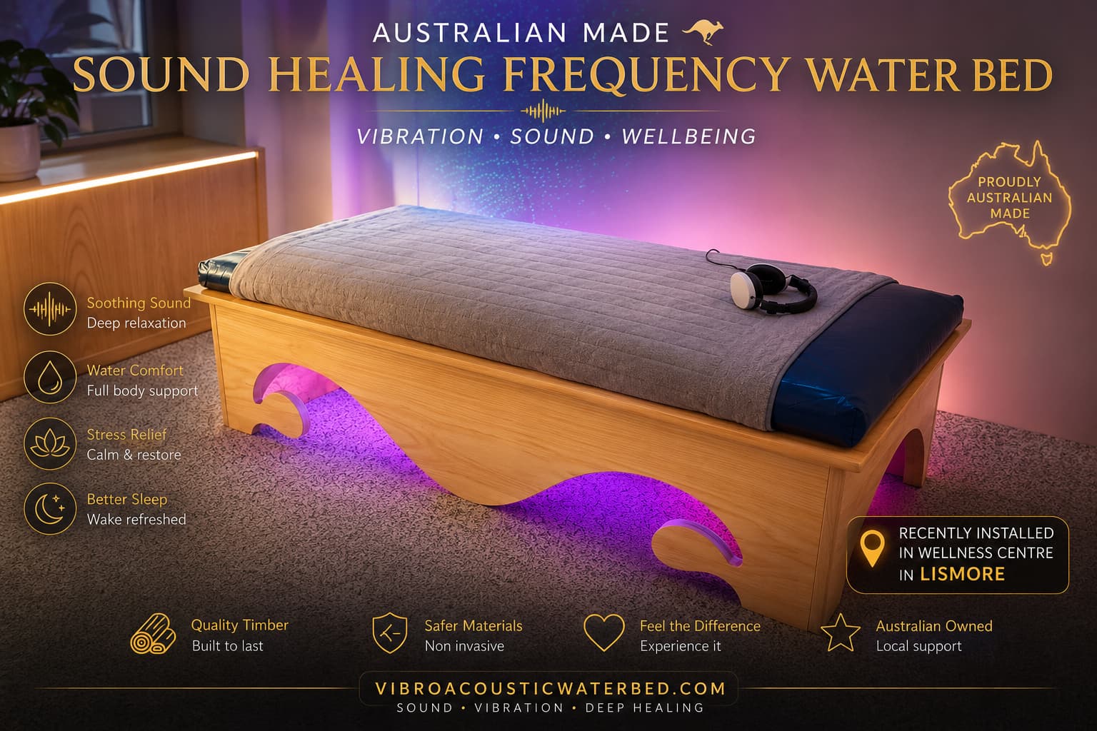 Luxury vibroacoustic waterbed for sound bed therapy in Australia supporting nervous system