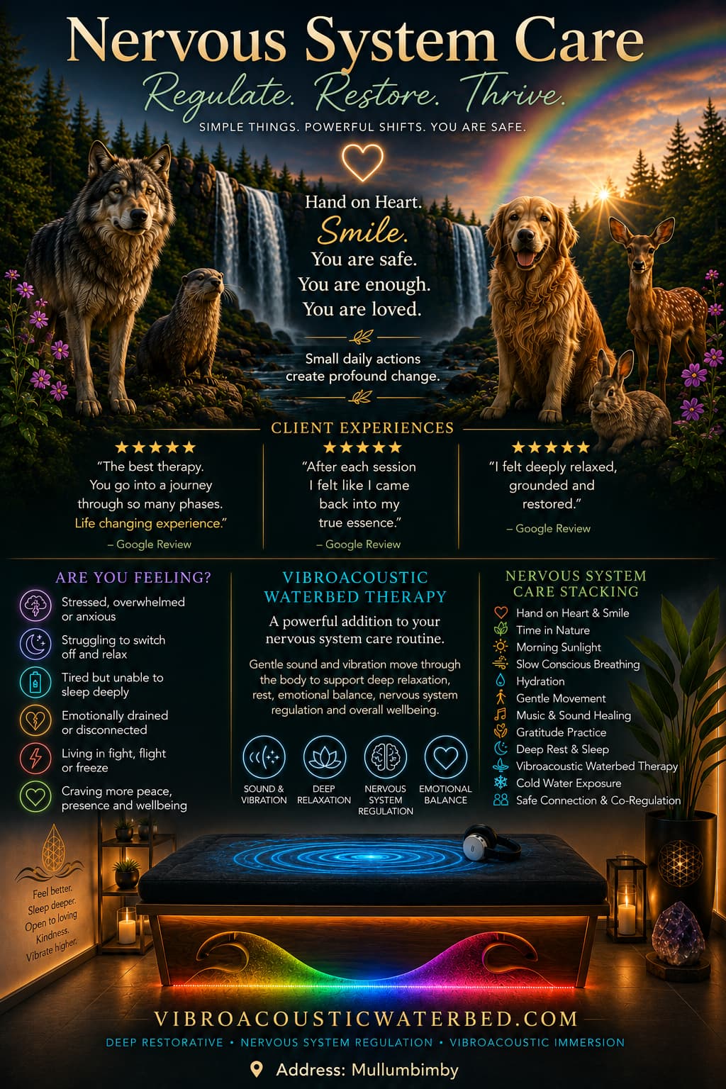 Nervous System Care poster for Vibroacoustic Waterbed Therapy in Mullumbimby, featuring waterfalls, rainbow, animals, client experiences, nervous system regulation practices and sound vibration therapy.