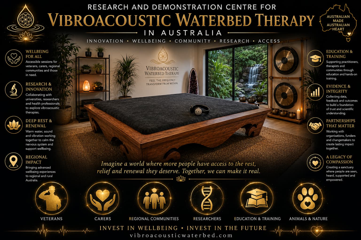 Australia's proposed Vibroacoustic Therapy (VAT) Research and Development Centre, focused on innovation, evidence-informed research, community wellbeing, research partnerships, measurable outcomes, and transparent reporting.